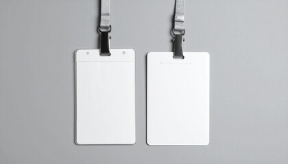 Two blank white identification cards with lanyards and metal clips hanging side-by-side against a solid gray background