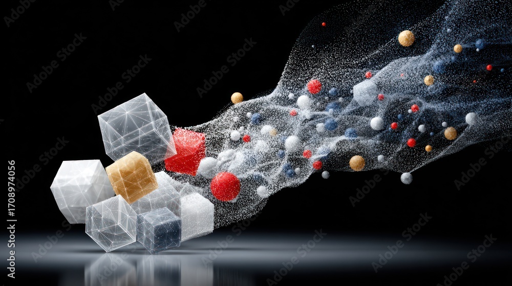 Poster abstract 3d render: geometric shapes and particles in motion