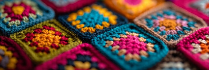 Vibrant handmade crochet squares showcase intricate floral patterns in rich jewel tones, creating a textured mosaic of colorful craftsmanship and creative needlework artistry.