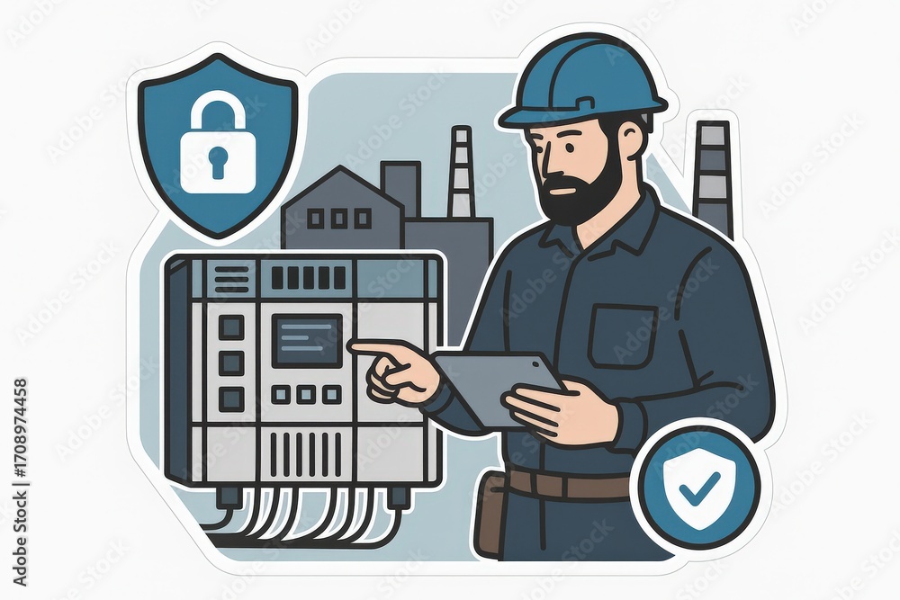 Poster skilled technician using tablet to monitor industrial automation systems in a secure environment wit