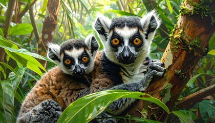 Obraz premium Two lemurs in a lush jungle