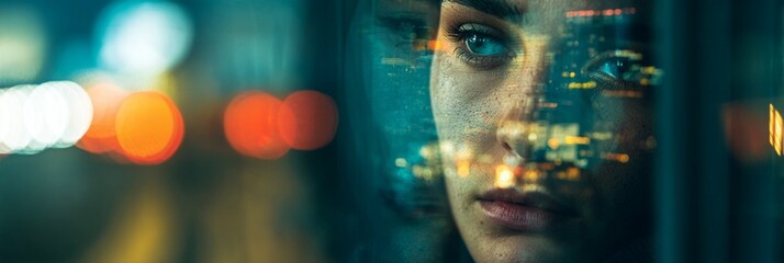 Futuristic portrait blending human silhouette with digital cityscape, reflecting technological interconnection and urban complexity through layered visual metaphor