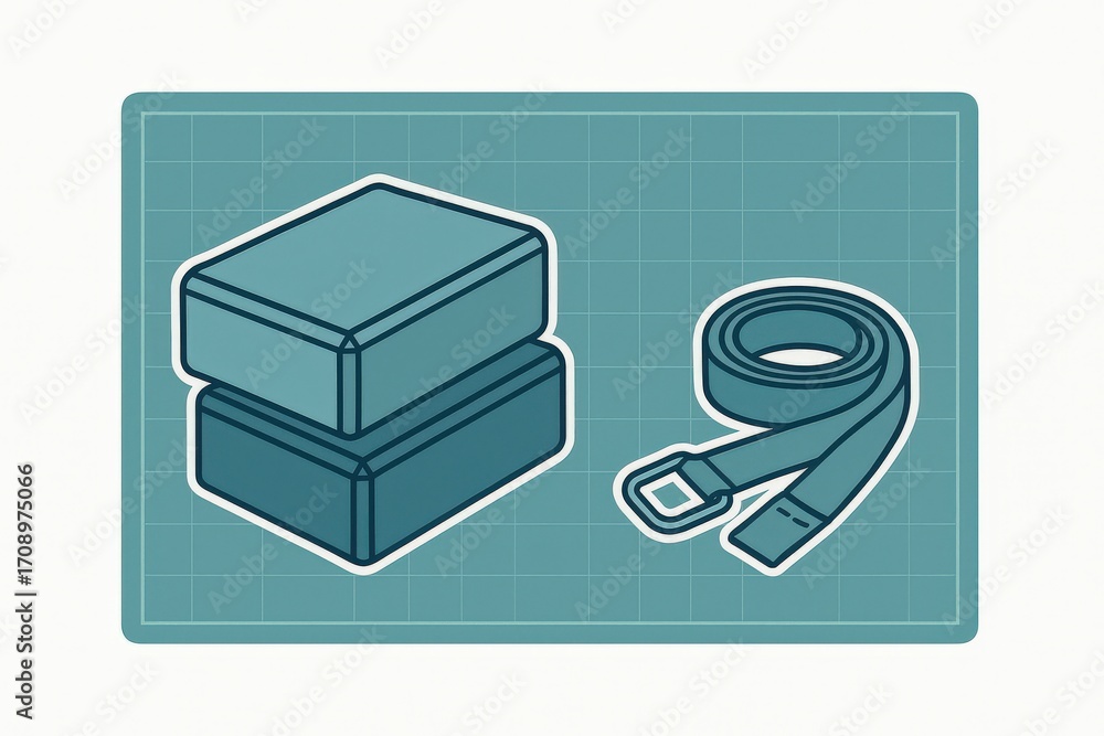 Aufkleber conceptual design of geometric shapes represented by two stacked boxes and a coiled belt set against