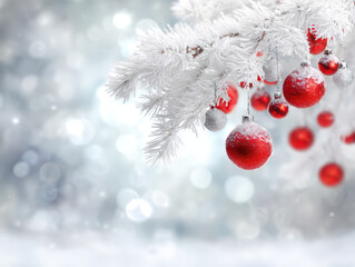 Snow covered branches adorned with red and silver ornaments create festive and serene holiday atmosphere. blurred background enhances wintery feel