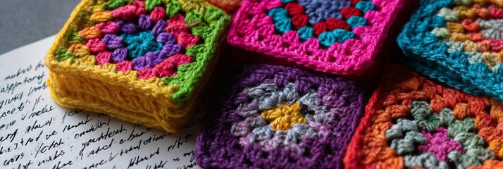 Colorful handmade crochet granny squares in vibrant hues showcase intricate textile craftsmanship, displaying a creative mosaic of multicolored yarn work on textured background