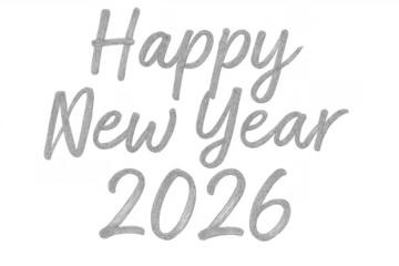 Happy new year 2026 silver lettering on transparent background