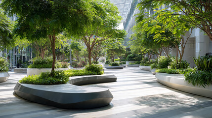 Modern city plaza with elegant curving benches surrounded by lush green trees, clean urban design, bright natural light, vibrant greenery, high-resolution