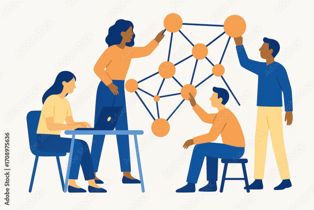 Poster Collaborative team brainstorming innovative solutions around a visual connectivity model exploring advanced networking concepts with vibrant colors and engaging dynamics