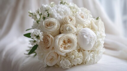 Elegant white bridal bouquet of soft roses and peonies, delicately arranged with lush petals and subtle green accents against a soft, blurred background