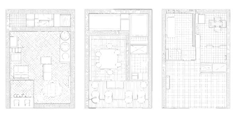 Architectural floor plan drawings of three rooms with furniture layouts and kitchen details