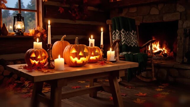 Cozy log cabin interior with a wooden table decorated with carved pumpkins melting candles knitted blankets and scattered autumn leaves beside the fireplace