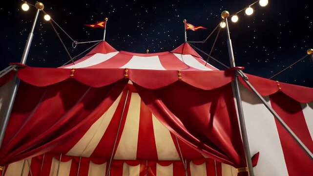 Red and White Striped Circus Tent Under String Lights at Night