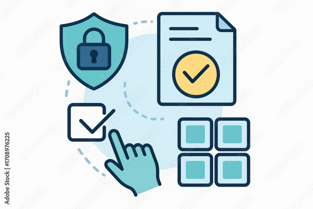 Aufkleber visual representation of cybersecurity concepts featuring digital elements like secure shield, verif