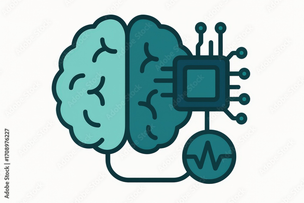 Poster conceptual illustration merging human cognition and technological advancement depicting brain with m