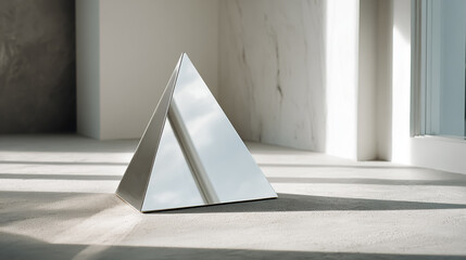 Modern minimalist interior with a reflective triangular mirror placed on a clean, neutral-toned floor