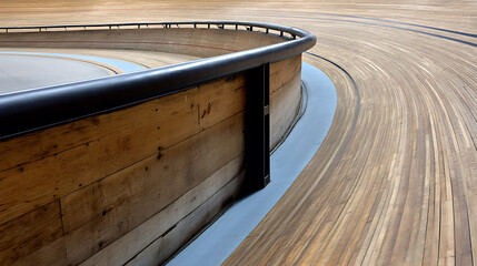 Curved wooden skate ramp with smooth surface and black metal railing in an indoor skatepark