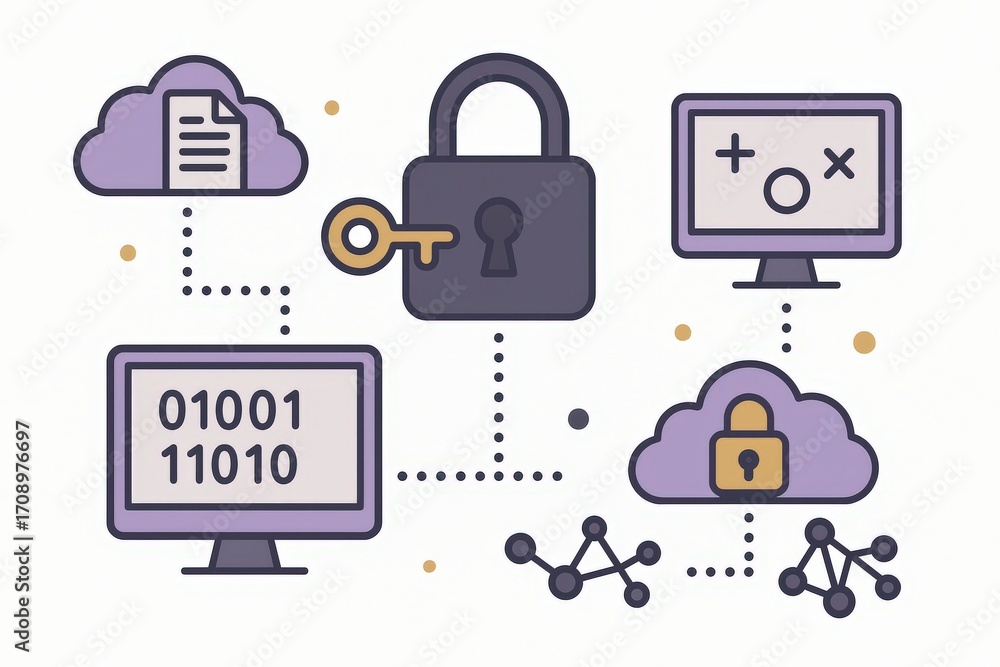 Poster digital security concept showcasing cloud computing, data encryption, protected information, interac