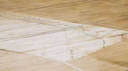Close-up of a cracked wooden floor with visible wear and tear, showing natural wood grain and paint residue.