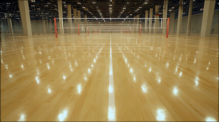 Empty indoor volleyball court with polished wooden floor and net
