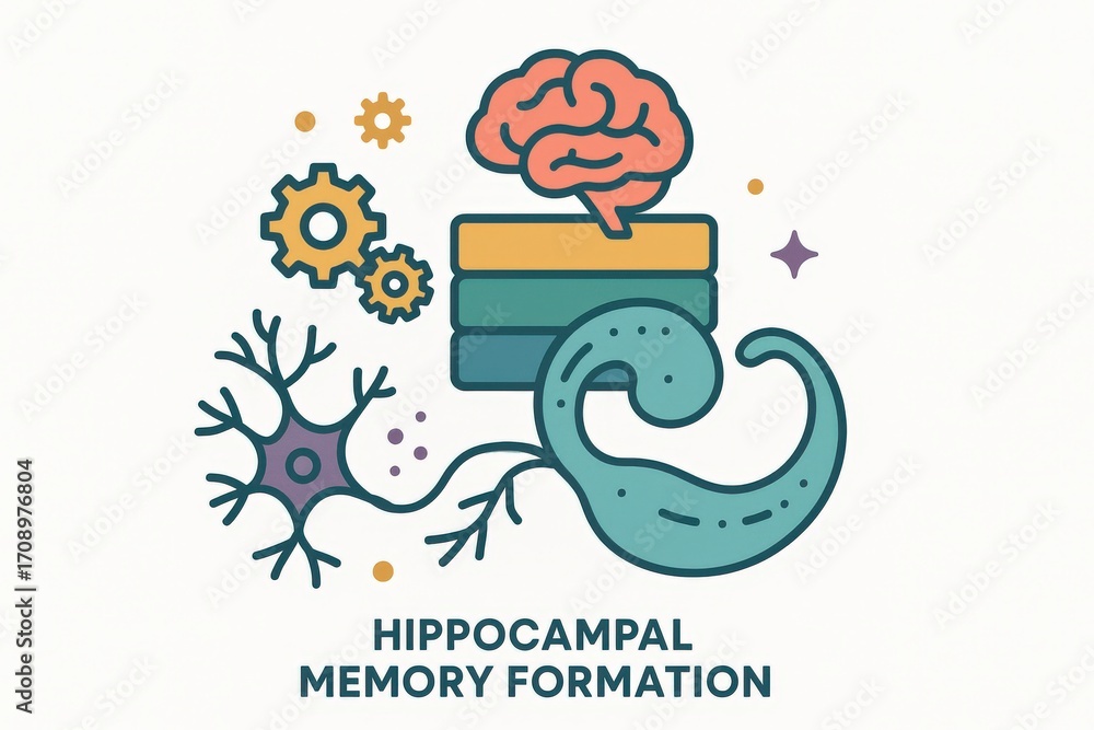 Poster engaging representation of hippocampal memory formation illustrated through visual symbols such as b