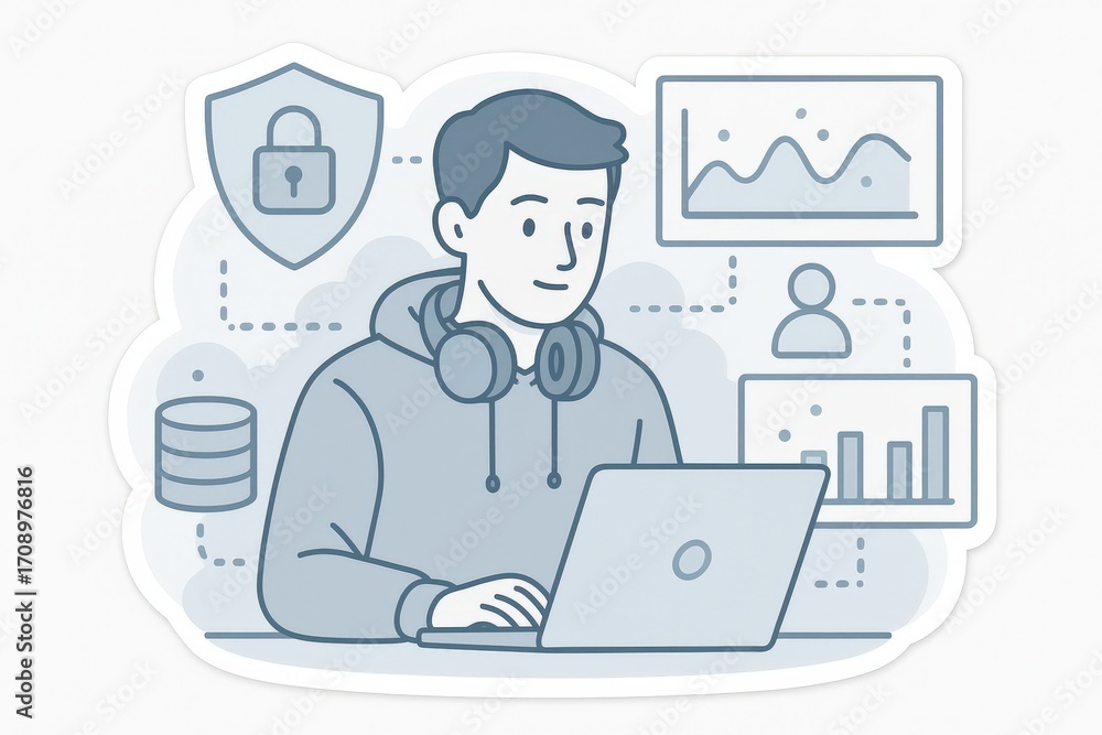 Poster young man engaging with data visualization while focusing on cybersecurity in a digital workspace su