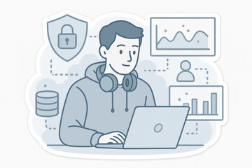 Young man engaging with data visualization while focusing on cybersecurity in a digital workspace surrounded by analytics and protective elements emphasizing modern tech usage