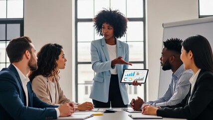 Confident black businesswoman presenting financial report on a tablet to her diverse business team during meeting at work - Powered by Adobe