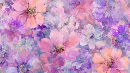 Soft focus watercolor floral pattern with pink and purple flowers