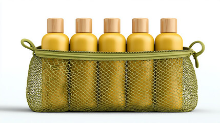 Realistic mockup of yellow cosmetic bottles neatly arranged inside a stylish green mesh pouch, isolated on a clean white background