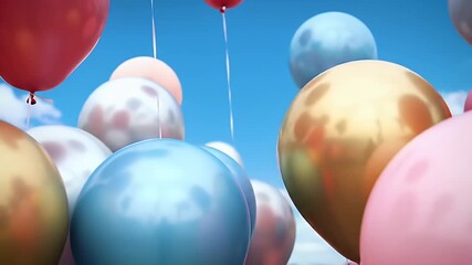 Close Up of Colorful Balloons Floating Against Bright Blue Sky - Powered by Adobe