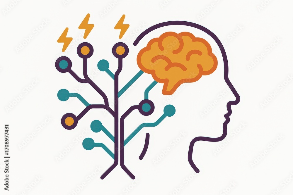 Poster artistic representation of human brain connecting to digital technology symbolizing cognitive evolut