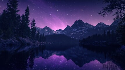 Enchanted Night: Majestic Mountains Mirrored in a Serene Lake Under a Starlit Sky