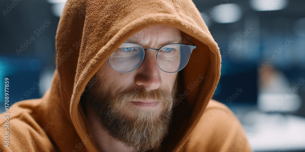 Wall mural man in hoodie with glasses working on computer, cybersecurity hacker concept