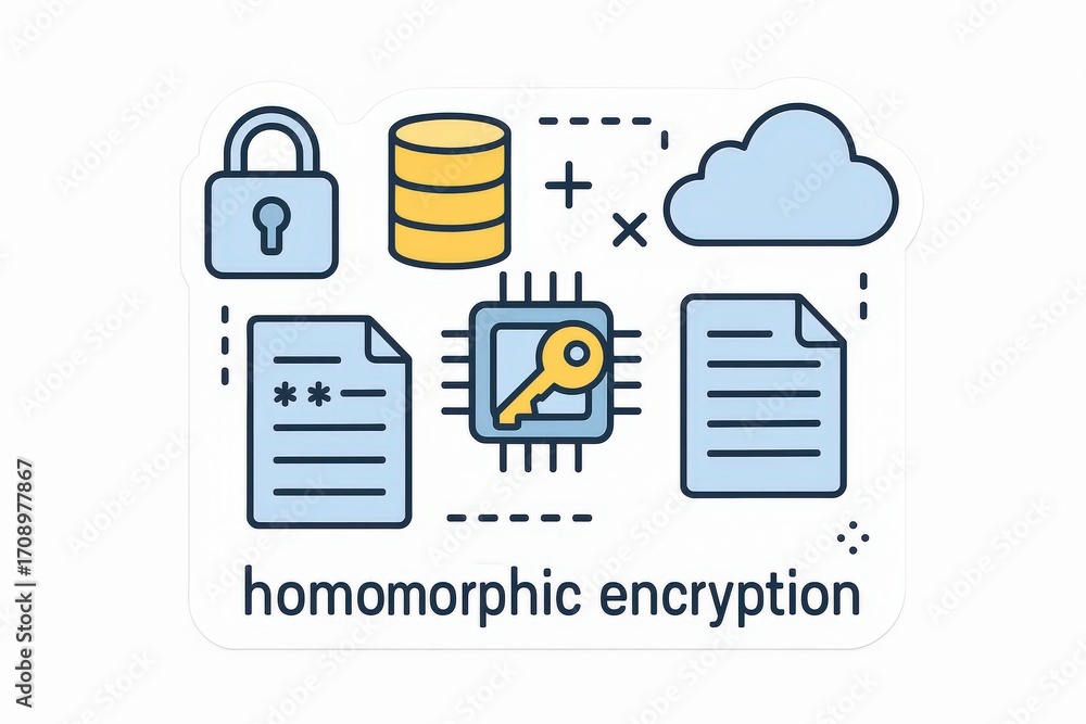 Poster innovative visualization of homomorphic encryption concepts showcasing secure data processing, cloud
