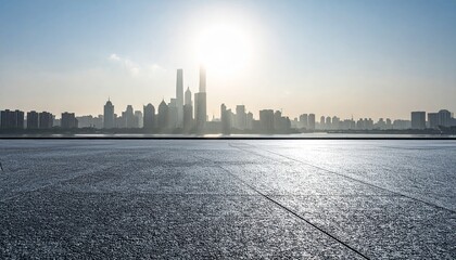 Expansive empty urban plaza with a modern city financial district skyline at sunrise, symbolizing corporate opportunity and future growth