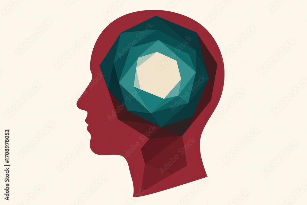 Poster abstract profile illustration conveying multifaceted thoughts and emotions through geometric shapes 