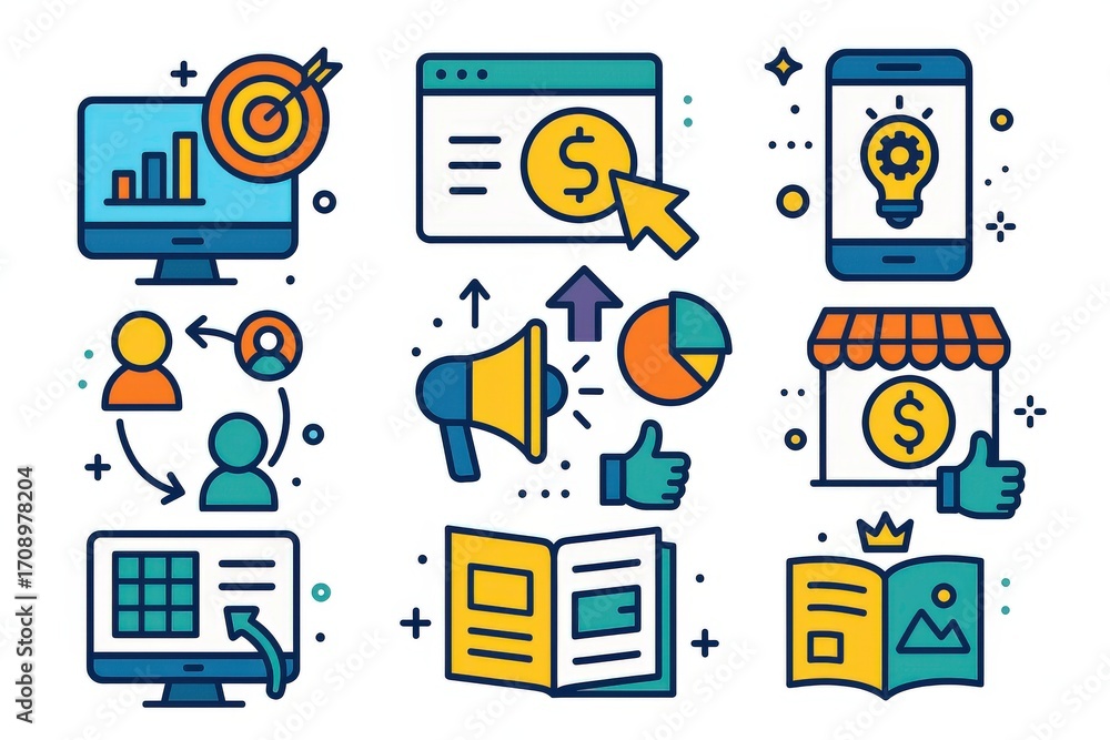 Poster dynamic visual representation of digital marketing concepts illustrating graphs engagement analytics