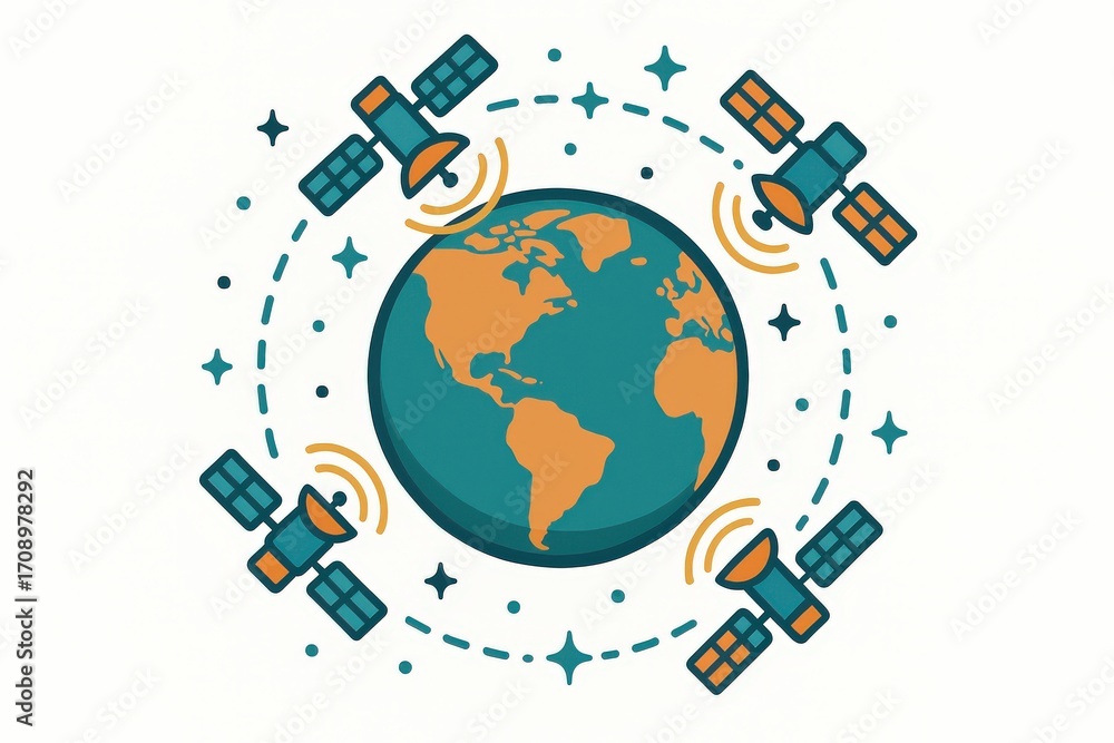 Poster global connectivity visualized through illustrated satellites orbiting earth representing advanced c