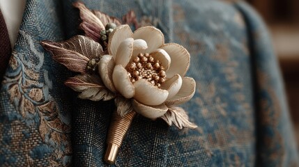 Elegant Gold and Cream Brooch on a Teal Suit