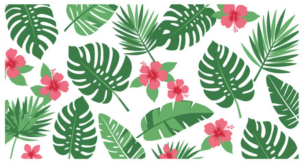 Tropical Floral and Foliage Pattern with Hibiscus and Monstera Leaves