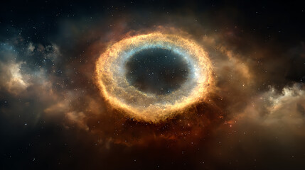 Stunning cosmic ring nebula glowing brightly in deep dark space, vibrant colors, high detail, realistic astronomy scene, starry background