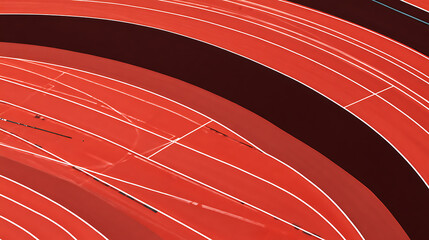 Close-up view of a red running track with white lane markings and curved design