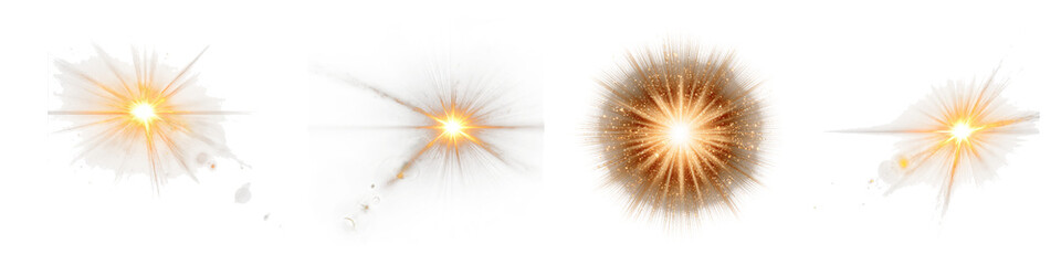 Collection of Golden Lens Flares and Light Effects isolated on transparent background.