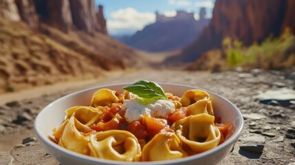 Tortellini with Creamy Tomato Sauce Against a Majestic Canyon Backdrop
