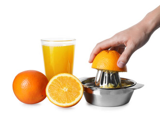 Making juice. Woman with orange using juicer on white background, closeup
