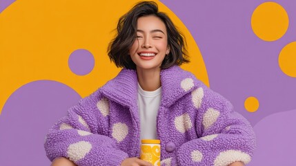 Smiling Woman in Purple Jacket, Cheerful Mood