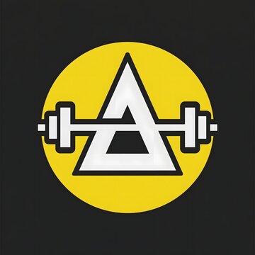 Yellow Circle with Triangle and Dumbbell Icon on Black Background