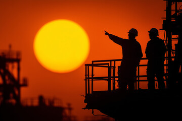Obraz premium Construction workers on scaffolding at sunset with large sun