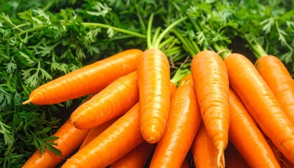 A vibrant, close-up view of a bountiful cluster of freshly harvested, bright orange carrots with their verdant green tops, suggesting healthy eating and natural freshness and rich nutrition