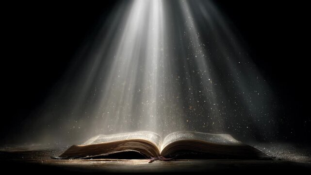 An open bible enveloped covered with shining light and bright sacred aura concept.